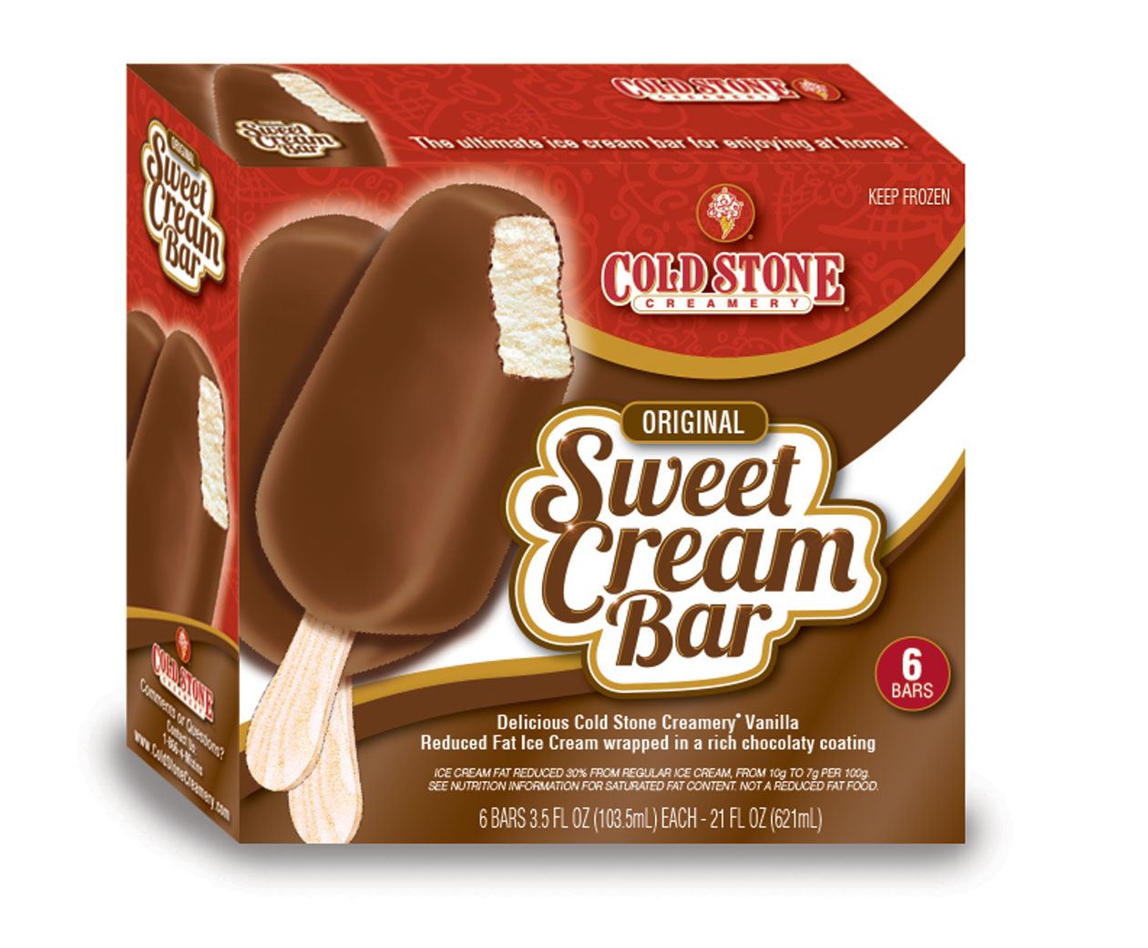 original sweet cream bar delicious cold stone creamery vanilla reduced fat ice cream wrapped in a rich chocolaty coating. 6 bars