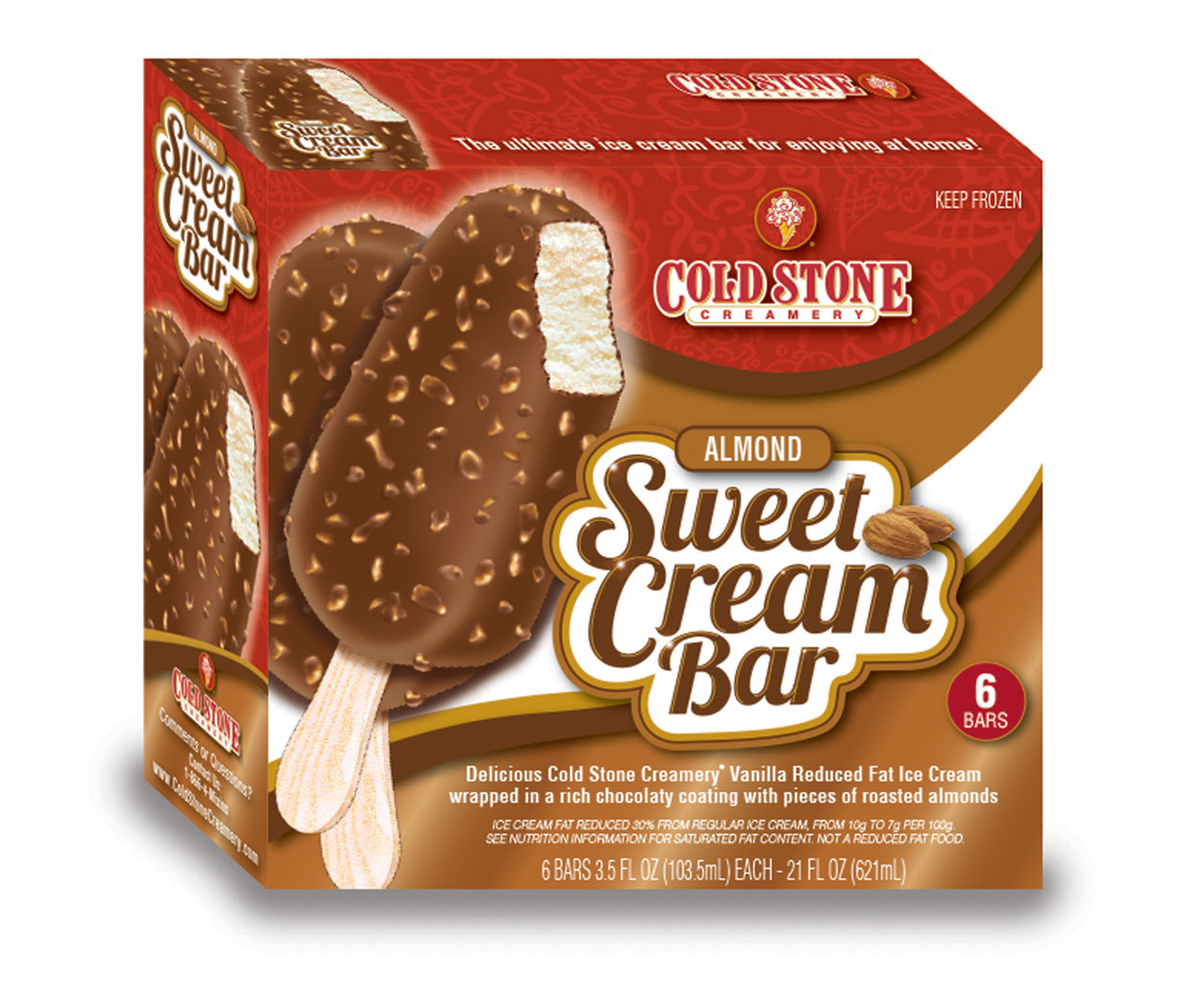 almond sweet cream bar 6 bars. delicious cold stone creamery vanilla reduced fat ice cream wrapped in a rich chocolaty coating with pieces of roasted almosts.