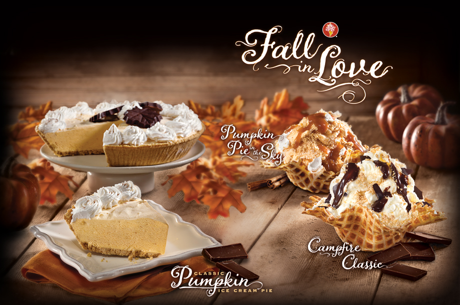 Fall In Love, Pumpkin Pie in the Sky Flavor, Campfire Classic Flavor, and Classic Pumpkin Ice Cream Pie Flavor