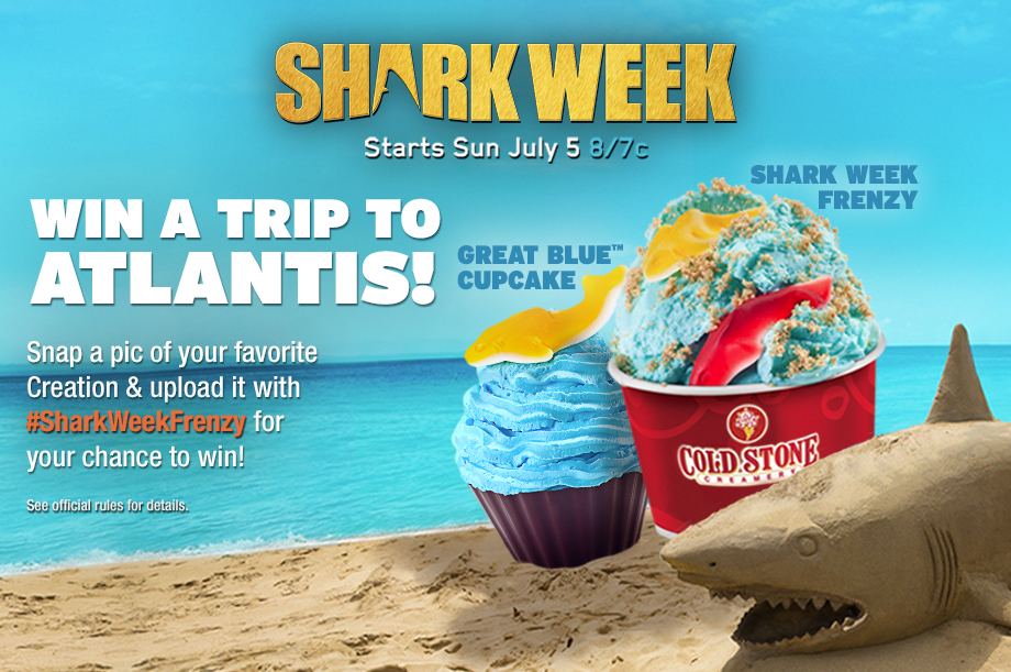 Shark Week Starts Sunday July 5 8/7c, Win A Trip To Atlantis! Snap a pic of your favorite Creation & upload it with #SharkWeekFrenzy for your chance to win! See official rules for details. Great Blue Cupcake and Shark Week Frenzy Ice Cream